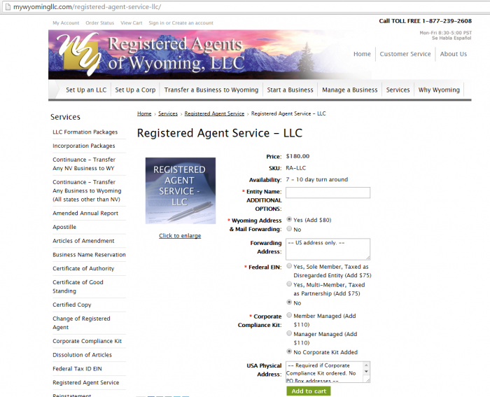 registered agents of wyoming $180 a year pricing