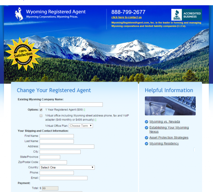 wyomingregisteredagent.com $99 a year pricing