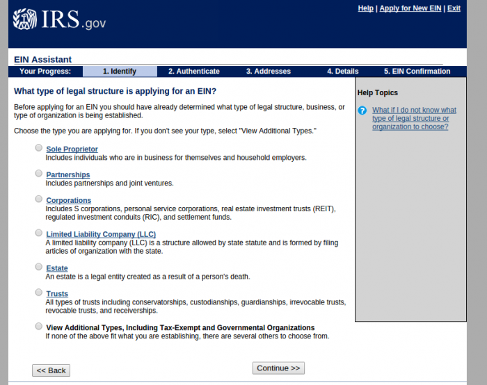 EIN Application Select Entity