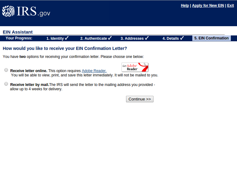 irs assignment of ein confirmation page