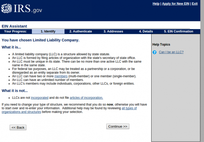 Online SS-4 Confirm Entity Selection